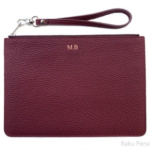 Brautjungfer Clutch Vorschlag Geschenk Burgund Kiesel Leder Armband Tasche personalisierte Initial, Monogramm Leder Brautjungfer Make-up Puch Tasche