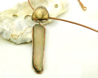 Necklace with seashell and white sea glass mounted on copper, Long copper pendant necklace, Rustic copper pendant, boho