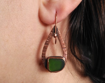 Copper dangle earrings, Sea glass earrings, Teardrop earrings, Green earrings, Earrings, Hammered boho earrings