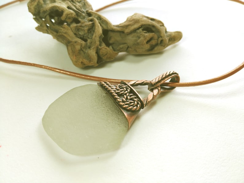 Women/'s Gift Copper Pendant with a Large Piece of White Sea Glass Anniversary Gift Men/'s Pendant
