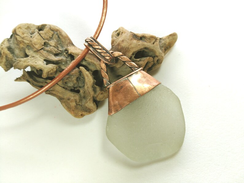 Women/'s Gift Copper Pendant with a Large Piece of White Sea Glass Anniversary Gift Men/'s Pendant