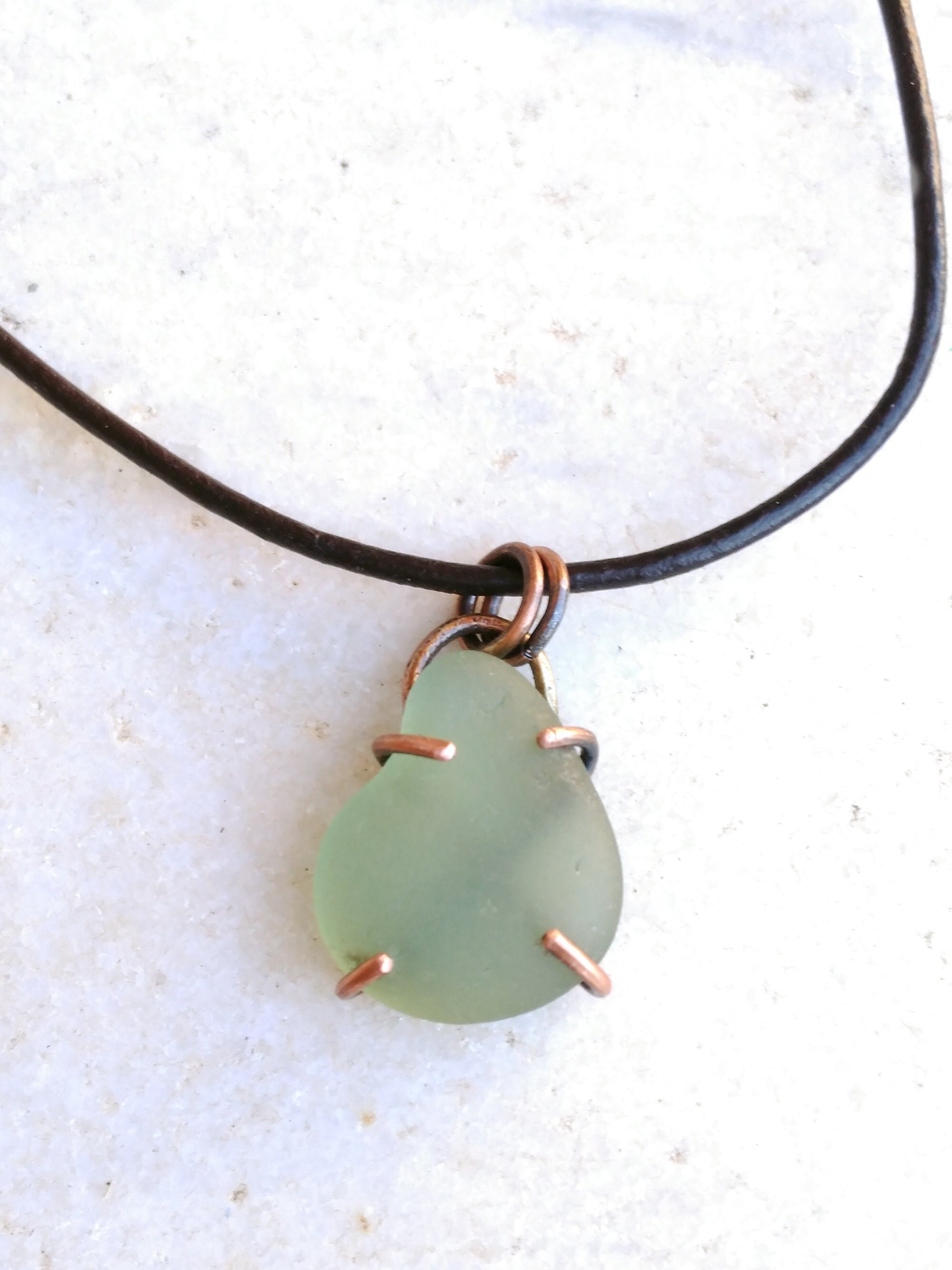 Small copper and sea glass pendant, Sea glass necklace, Simple pendant, Unisex pendant, Beach jewelry, Bohemian pendant