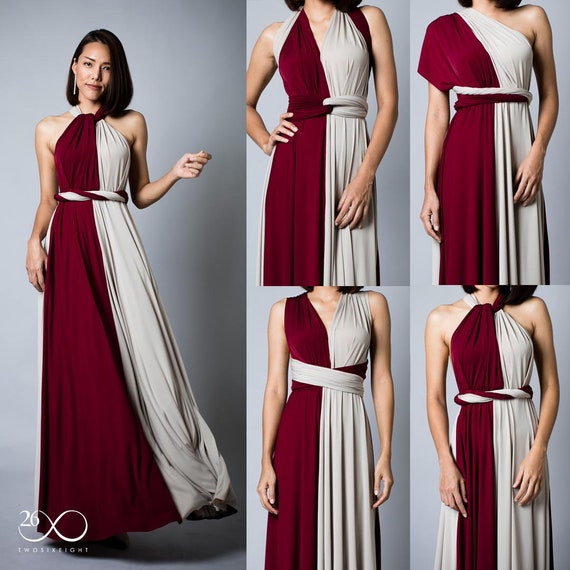 beige and burgundy dress