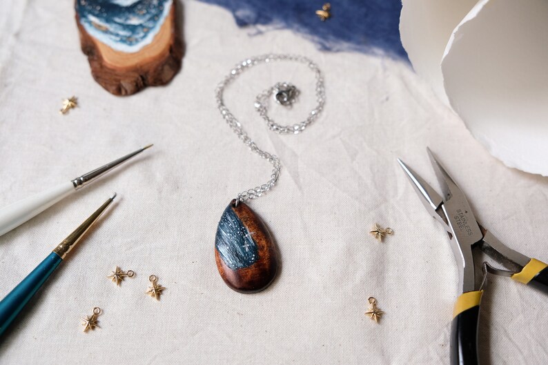 Midnight Stars Necklace 02 Handpainted Blue Ocean Celestial Jewellery