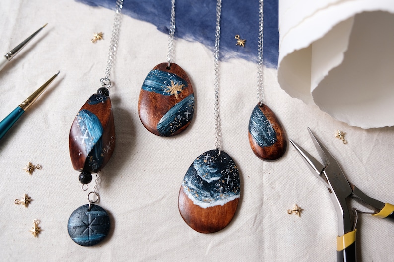 Midnight Stars Necklace 02 Handpainted Blue Ocean Celestial Jewellery