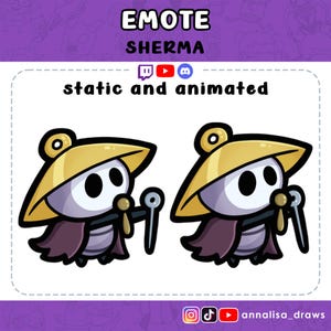 May include: An image featuring a cartoon character named Sherma, wearing a yellow hat and a maroon cape, holding a tool. The text reads "EMOTE SHERMA static and animated". Social media icons are also present.