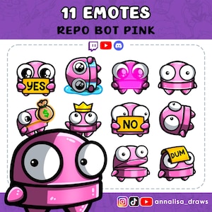 May include: A collection of 11 pink cartoon emotes with large eyes and various expressions. Some emotes hold signs that say "YES", "NO", and "DUM". The text "11 EMOTES REPO BOT PINK" is at the top, with social media icons and the artist's name at the bottom.