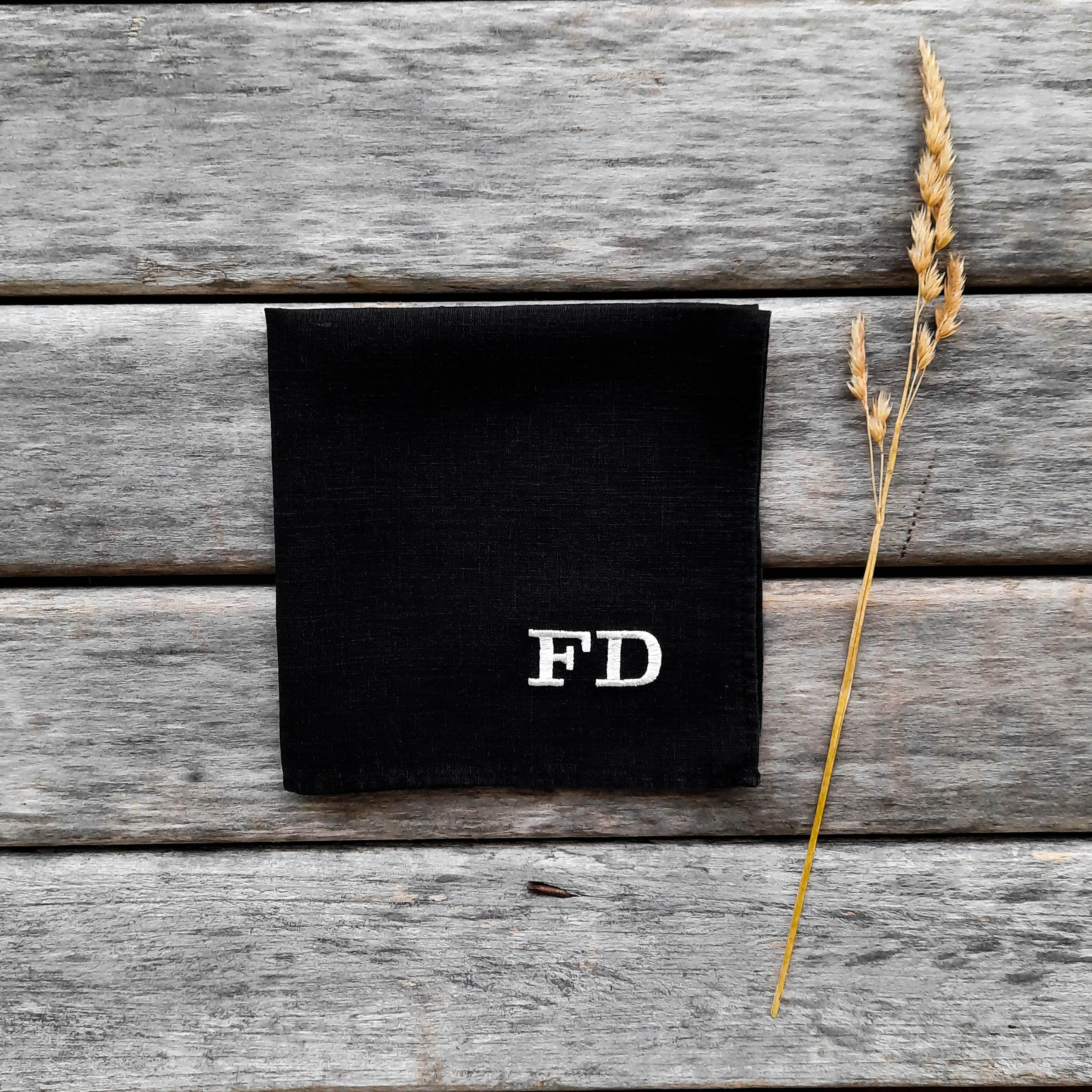Monogrammed washed linen handkerchief, pocket square in black.  Washe…