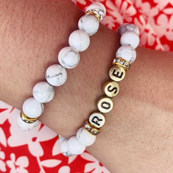 White Marble Beaded Bracelet | Name Bracelet | Word Bracelet | Howlite Stone | Gold Design | Personalize