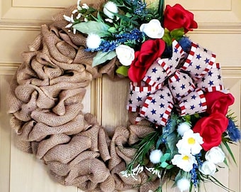 Burlap Wreath, Fourth of July Wreath for Front Door, Porch Decor, Every day Wreath, Farmhouse Patriotic Wreath, Primitive Patriotic Wreath