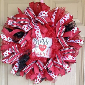 Valentines Day Wreath for front door, Heart Wreath, Bless your heart wreath, Red Black Wreath for Front, Polka dot Wreath, Mesh Wreath