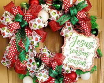 Christmas Wreath for Front Door, Jesus is the reason for the season wreath, Red and Green Christmas Wreath, Holiday Decor