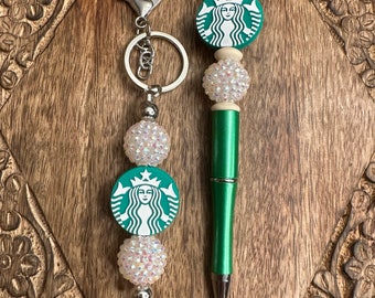 Beaded pen and beaded keychain Set, Starbucks Pen, small gift for friend, Starbucks keychain, Mothers Day gift, Basket fillers