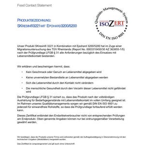 May include: A food contact statement certificate with the text "Zertifikat Lebensmittelunbedenklichkeitserkl&auml;rung" and product information. Includes the ISOZERT quality management system logo and the text "SKRESIN&reg;3221 MIT EPOHARD3200/5200".