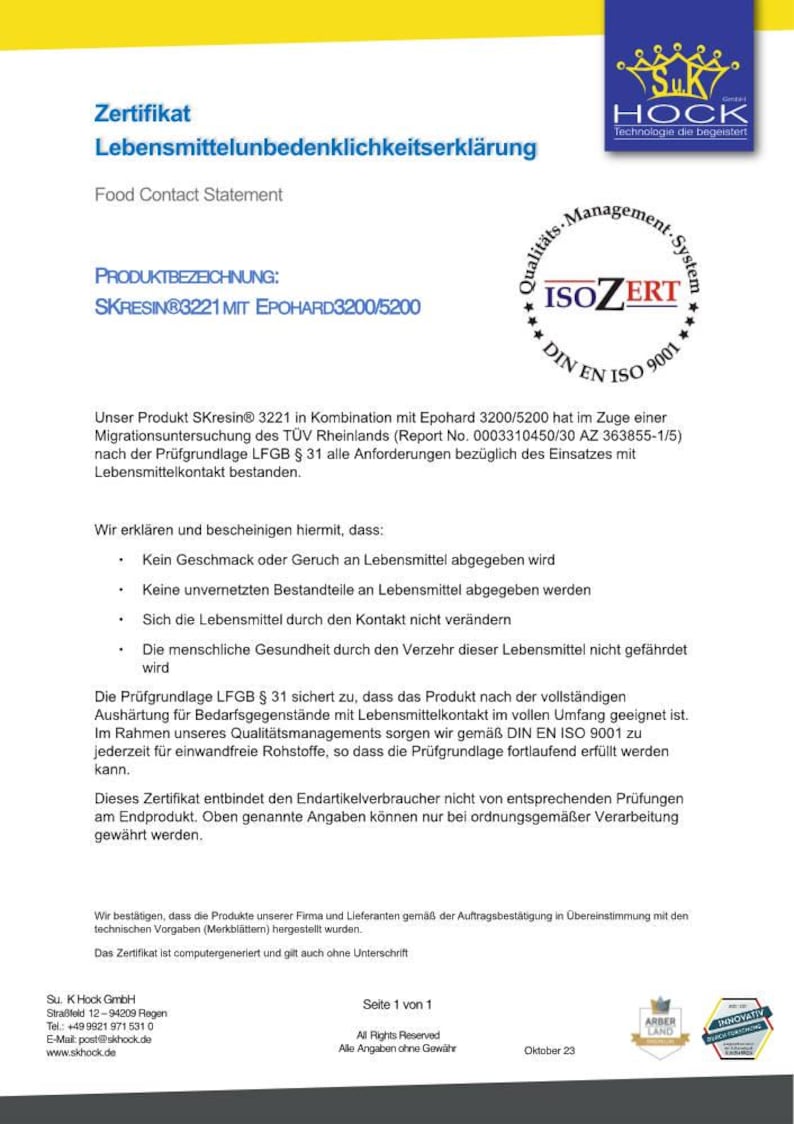 May include: A food contact statement certificate with the text "Zertifikat Lebensmittelunbedenklichkeitserkl&auml;rung" and product information. Includes the ISOZERT quality management system logo and the text "SKRESIN&reg;3221 MIT EPOHARD3200/5200".