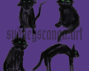 4 Vintage-Style Hand-Drawn Watercolor Black Cats with Green Eyes | Digital Download PNG Set | Retro Cat Illustrations for Crafts & Prints