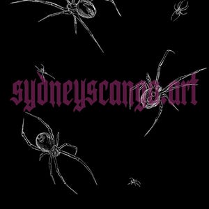 May include: A black background with white spider illustrations. The image shows several spiders of different sizes, each with long, thin legs and detailed bodies. The text "sydneyscanart" is in a gothic font in the centre of the image.