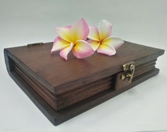 Wooden Box Book Shaped Teak Wood Handmade Trinket Storage Collectibles Gift Vintage Style
