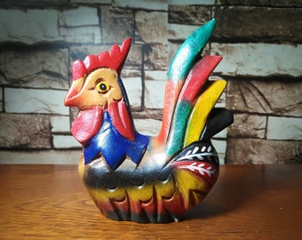 Wooden Chicken Rooster Wood Carved Handmade Painted Figurine Statue Art Sculpture Home Decor Collectible Gift