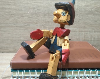 Wooden Pinocchio Antique Style Sitting Puppet Handmade Painted Home Decor Shelf Hinge Gift Toys