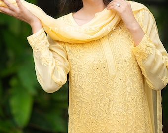 Set Chikankari Kurta in viscosa gialla: abito indiano fatto a mano
