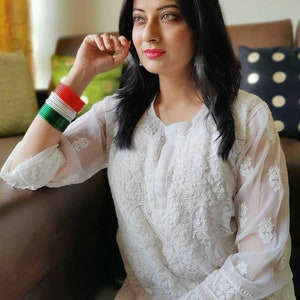FREE INNER White Chikankari Kurti Palazzo Set Indian Bollywood Designer Kurta Kurti Pant Dupatta Set Lucknawi Hand Embroided Salwaar Kameez
