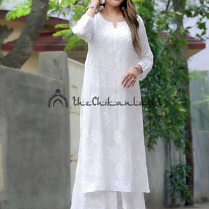 Set Chikankari Kurta Sharara in cotone modale bianco fatto a mano: Lucknowi Chikan Salwar Kameez, Kurti Palazzo Set