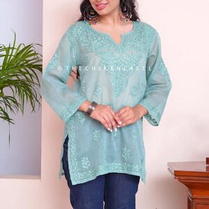 Green Kota Cotton Chikankari Short Kurta, Chikankari Top for Women, Lucknow Chikan Handmade Short Kurti for Her, Bollywood Designer Dress