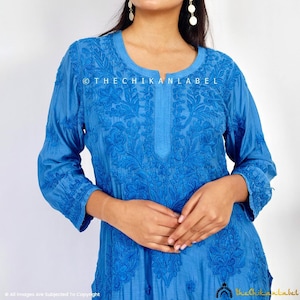 TheChikanLabel Blue Muslin Chikankari Straight Kurti, Handmade Ethnic Kurta for Women, Lucknowi Chikan Bollywood Designer Kurta for Her