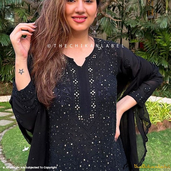 TheChikanLabel Black Viscose Chikankari Kurta Set Lucknow Chikankari Salwar Kameez Indian Bollywood Designer Wear Handmade Suit for Her