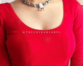 Blusa Chikankari roja: Lucknow Chikan hecha a mano, mangas completas