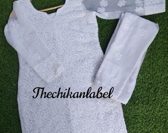 White Chikankari Salwar Kameez: Lucknowi Hand Embroidered Kurti Set