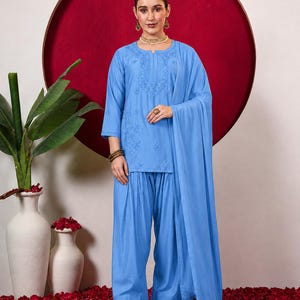 Embroidered Tunic Harem Pants Set with Scarf, Boho Three Piece Outfit for Women, Relaxed Chanderi Co Ord, Occasion Clothing, Pakistani Wear