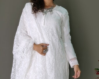 White Georgette Chikankari Kurta Palazzo Set: Embroidered Ethnic Wear