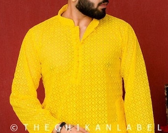 Handcrafted Yellow Chikankari Kurta Pyjama Set: Men's Ethnic Wear
