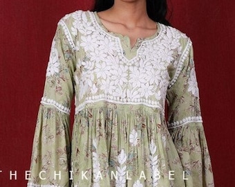 Pista Green Chikankari Kurti Palazzo Set: Lucknow Indian Dress