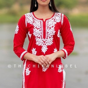 TheChikanLabel Red Saba Cotton Chikankari Straight Kurti Handmade Lucknow Chikankari Kurta Shirt Indian Bollywood Designer Wear Dress Top