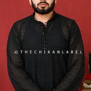 Handcrafted Men&#39;s chikankari embroidered kurta | Chikankari kurta pyjama set for mens | Black kurta for men | Men&#39;s kurta | Ethnic wear