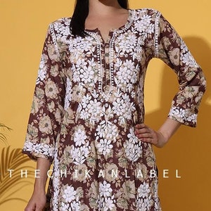 Handmade Brown Mulmul Cotton Kurti Palazzo Set for Women wear Lucknowi Chikankari Hand Embroidered Indian Traditional Wear Gift for Her