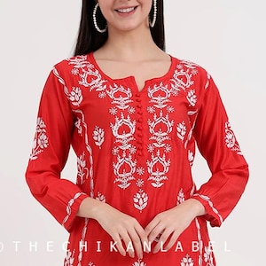 Red Chanderi Chikankari Kurti Palazzo Set | Hand Embroidered Lucknowi Suit | Elegant Indian Ethnic Wear for Festive & Casual Occasions