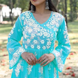 TheChikanLabel Green cotton printed chikankari Angrakha Lucknowi chikan kurta kurti Indian Bollywood designer wear handmade dress tunic top