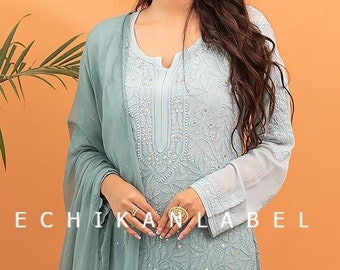 Sapphire Viscose Chikankari Kurta Set: Handmade Indian Salwar Kameez