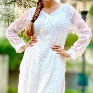 Indische Lucknawi Chikankari Kurti Gota Patti Sharara Set Bollywood Designer Handmade Georgette Kurti Frauen tragen Kurta ethnische Hand bestickt