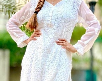 Indian Lucknawi Chikankari Kurti Gota Patti Sharara Set Bollywood Designer Handmade Georgette Kurti Women Wear Kurta Ethnic Hand Embroided