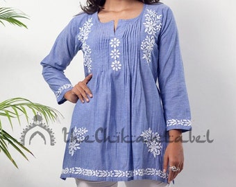 Handmade Denim Chikankari Tunic Top: Lucknow Embroidered Shirt