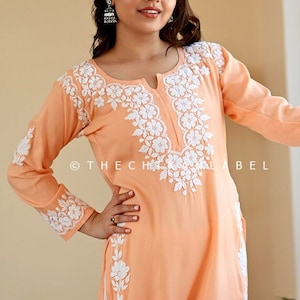 Peach Handmade Chikankari Straight Kurti, Chikankari Kurta for Women, Lucknowi Chikan Dress for Her, Hand Embroidered Ethnic Wear Top Tunic
