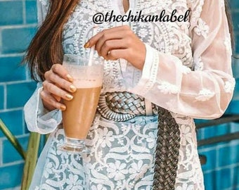 Lucknawi Chikankari Kurti: Hand Embroidered Georgette Kaftan Top