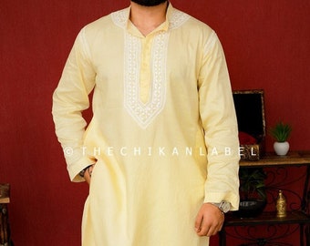 Yellow Cotton Mens Kurta Pajama Set: Lucknow Chikankari Indian Dress