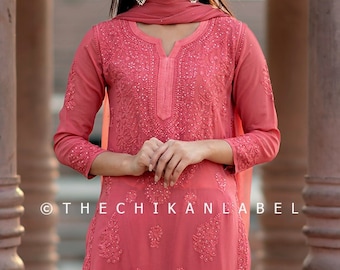 Coral Liyana Viscose Chikankari Kurti Palazzo Dupatta Set Lucknow Chikan Handmade Dress for Women
