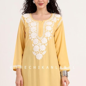 Yellow Rayon Chikankari Straight Kurti | Hand Embroidered Lucknowi Ethnic Wear for Women | Everyday Casual Indian Kurta | Comfortable Kurta
